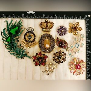 Vintage Czech Style Brooch Lot 12pc Peacock Feather Crown Glass Rhinestone Pin